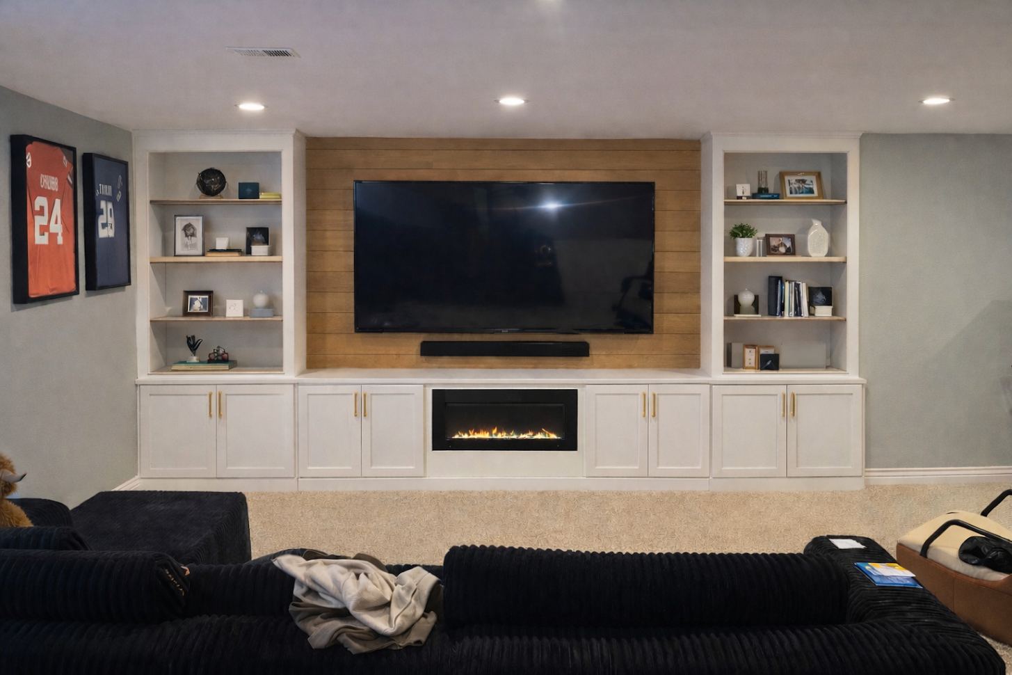 Basement remodel with custom media wall